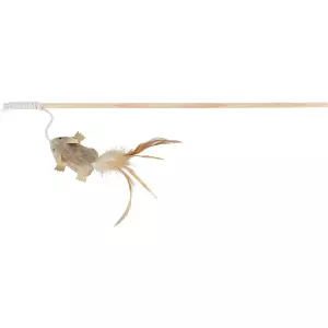 Dřevěná udice s plyšovou myší a peřím 50 cm