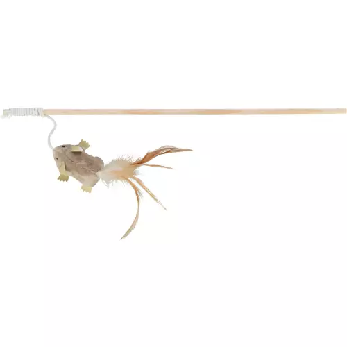 Dřevěná udice s plyšovou myší a peřím 50 cm