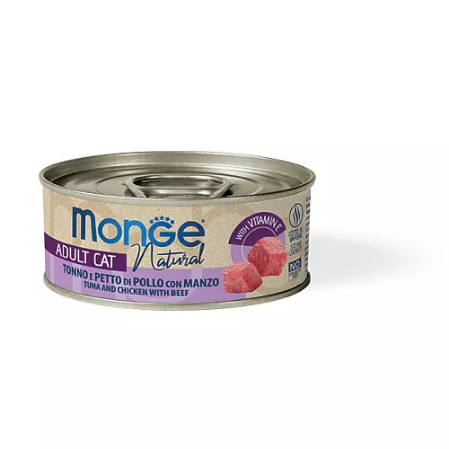 MONGE NATURAL tuňák s kuřecími prsy a hovězím pro kočky 80 g