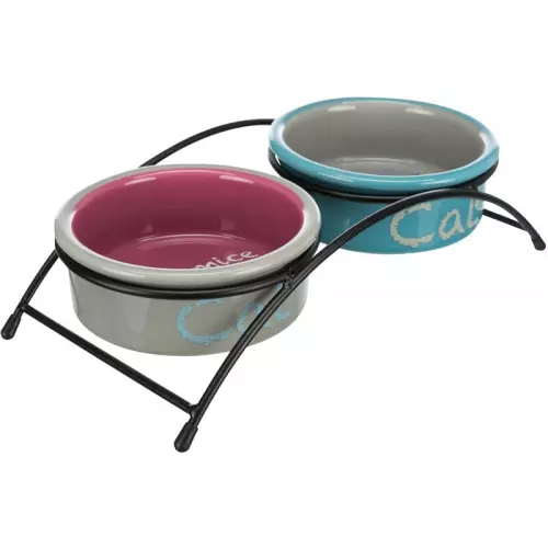 Set keramických misek se stojánkem 2 × 0,3 l / o 12 cm světle šedá/tmavě růžová/světle modrá