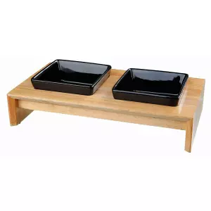 Dřevěný bar, 2x keramická čtyřhranná miska, černá (2 × 0,2 l/10 x 10 cm/ 28 × 5 × 15 cm)