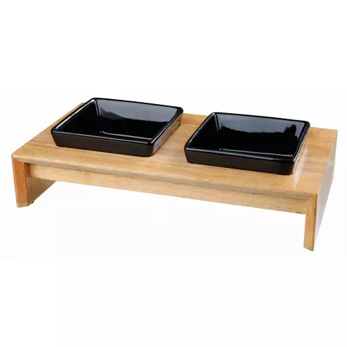 Dřevěný bar, 2x keramická čtyřhranná miska, černá (2 × 0,4 l/13 × 13 cm/ 36 × 7 × 19 cm)