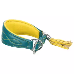 Kožený obojek ACTIVE Comfort pro chrty - petrolejová/žlutá (S-M:33-42cm/60mm)