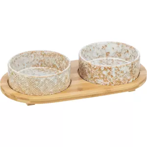 Set misek v bambusovém stojanu, bílá/světlehnědá (2 × 0,3 l/ ø 12 cm/ 30 x 6 x 15 cm)
