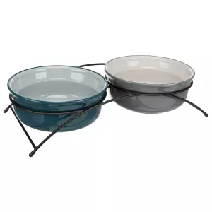 Set keramických misek v kovovém stojánku, petrolejová/šedá (2 × 0,25 l/ ø 13 cm/ 27 × 8 × 13 cm)